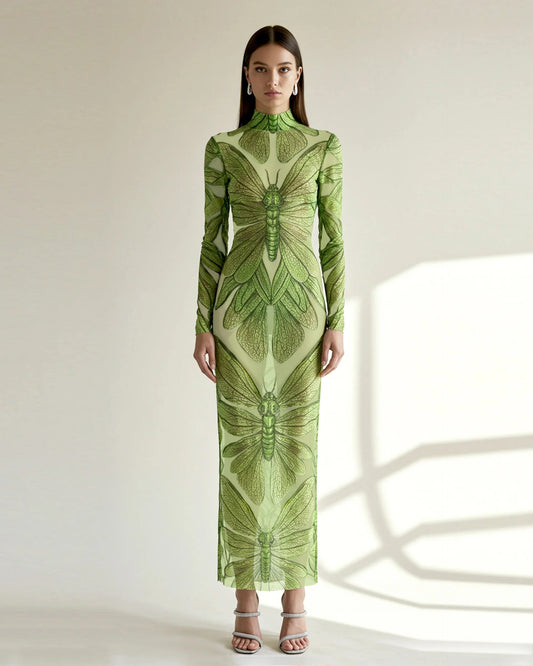 JW Pei Emerald Dragonfly Sheer Mesh Gown