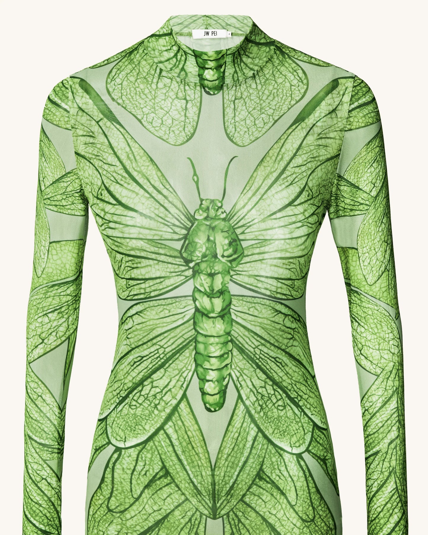 JW Pei Emerald Dragonfly Sheer Mesh Gown