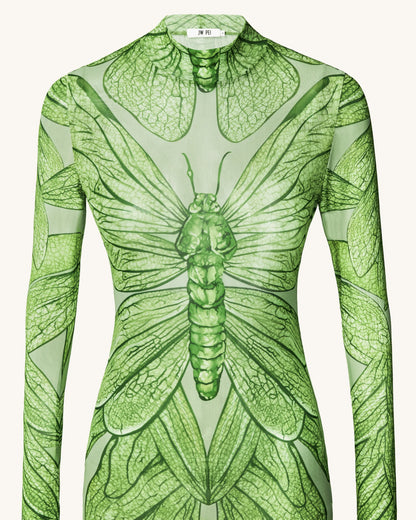JW Pei Emerald Dragonfly Sheer Mesh Gown